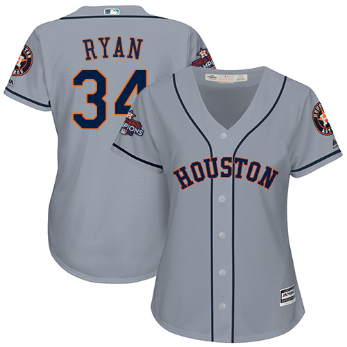 Astros #34 Nolan Ryan Grey Road World Series Champions Women's Stitched MLB Jersey